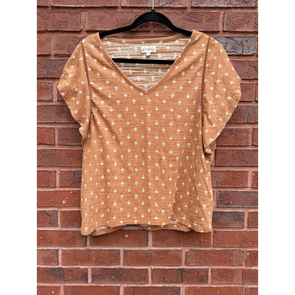 Wonderly Womens L Rust Orange Boho Flutter Sleeve Geometric Cottagecore C27